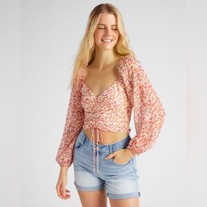 Lush Boho Floral Long Sleeve Ruched Top